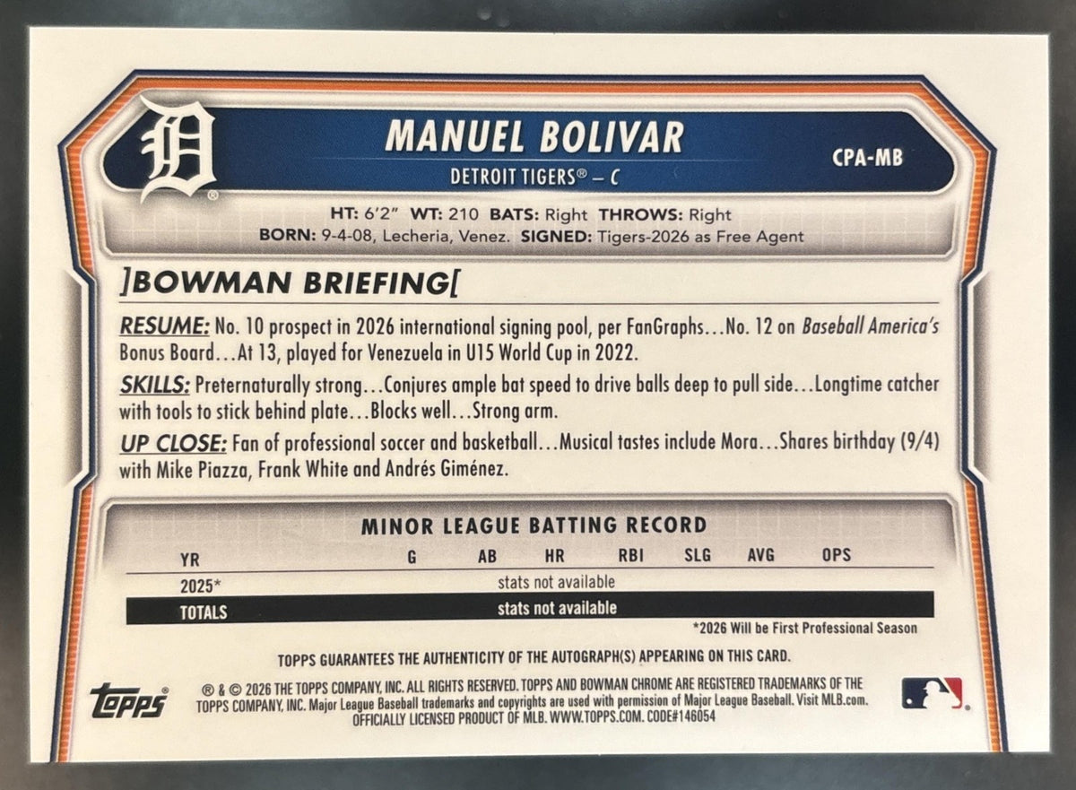 2026 Bowman Chrome Manuel Bolivar Auto Green /99 1st Prospect Detroit Tigers