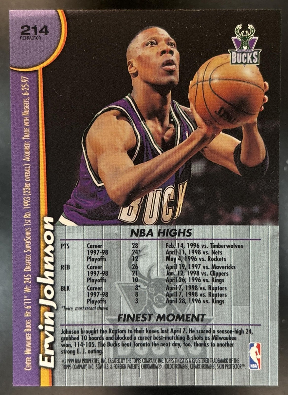 1998-99 Topps Finest Ervin Johnson Refractor #214 Milwaukee Bucks