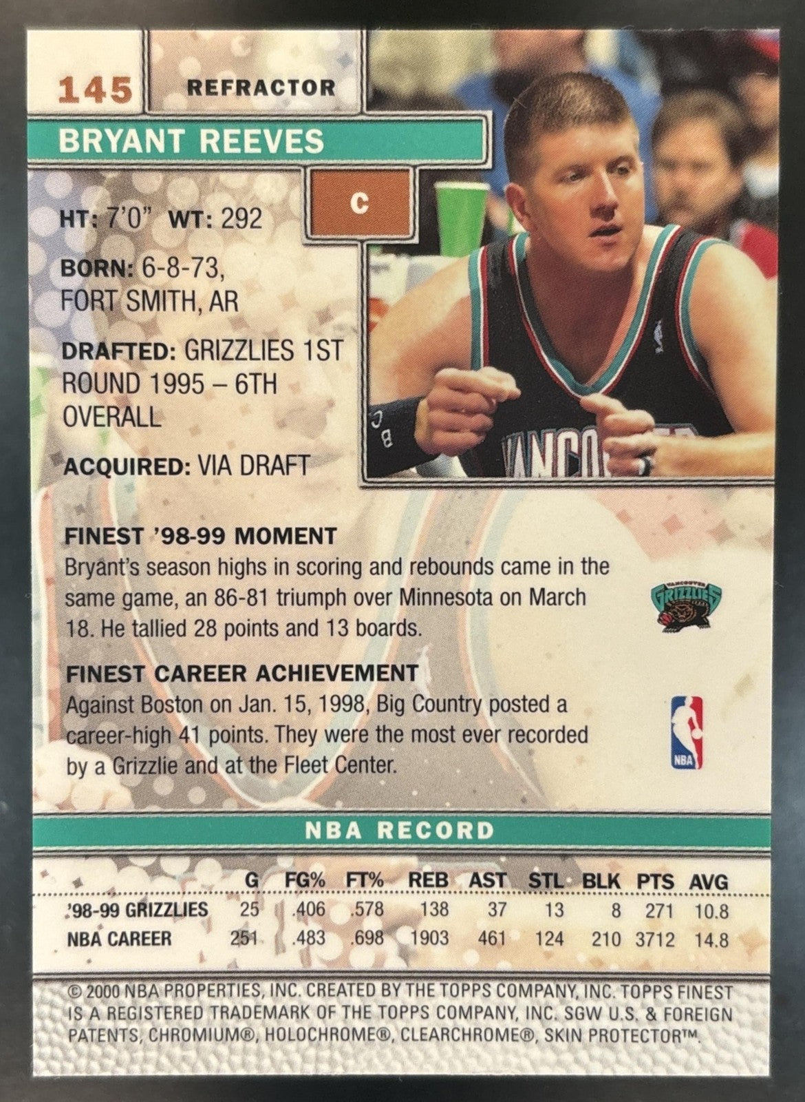 1999-00 Topps Finest Bryant Reeves Refractor #145 Vancouver Grizzlies