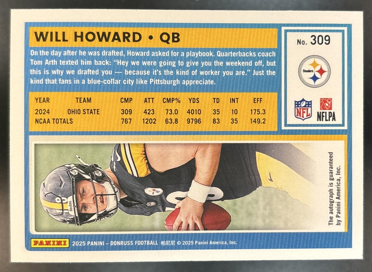 2025 Panini Donruss Will Howard Auto Orange #309 RC Pittsburgh Steelers