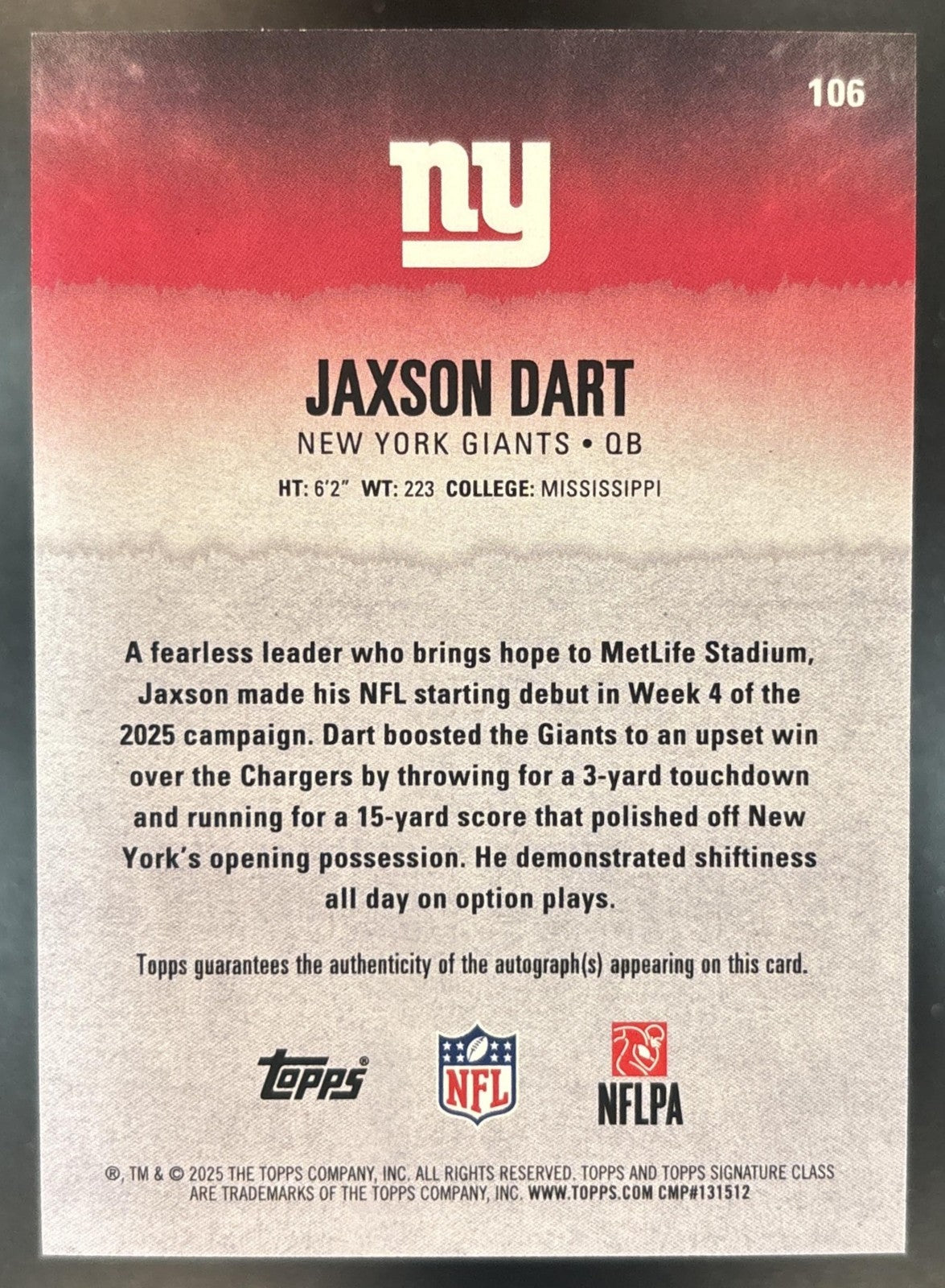 2025 Topps Signature Class Jaxson Dart Rookie Auto #106 RC New York Giants