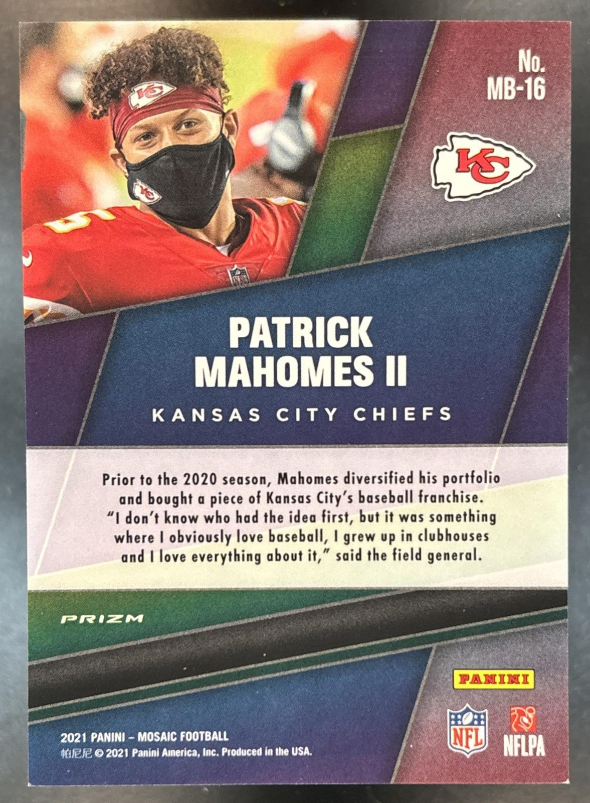 2021 Panini Mosaic Patrick Mahomes Masquerade Ballers #MB-16 Kansas City Chiefs