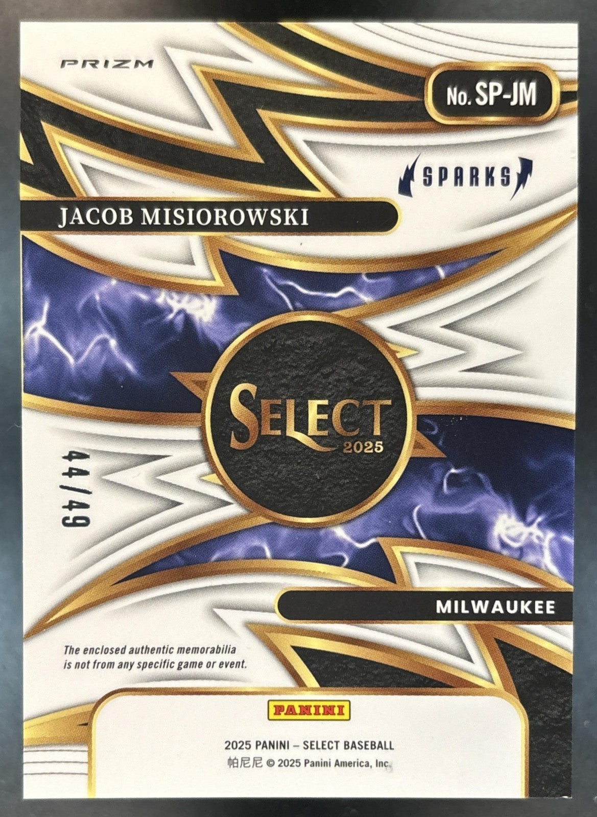 2025 Select Jacob Misiorowski Sparks Relics Blue /49 MEM RC Milwaukee Brewers