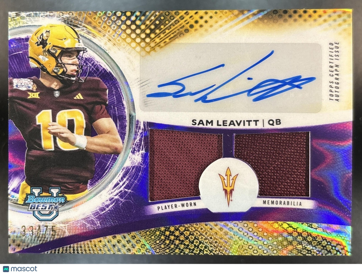 2025 Bowman Best University Sam Leavitt Prospect Dual Relic Auto Purple Lava /75