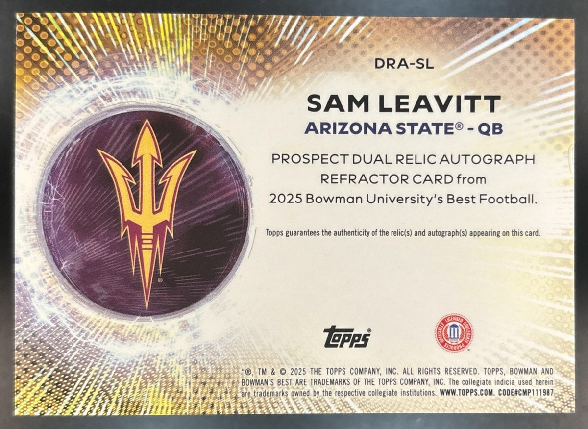 2025 Bowman Best University Sam Leavitt Prospect Dual Relic Auto Purple Lava /75