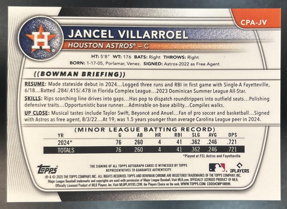 2025 Bowman Jancel Villarroel Chrome Auto Gold /50 1st Prospect Houston Astros