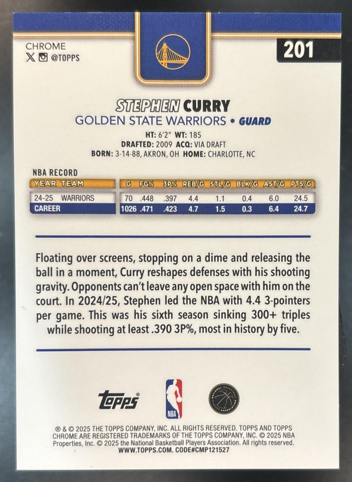 2025-26 Topps Chrome Stephen Curry Blue X-Fractor #201 Golden State Warriors