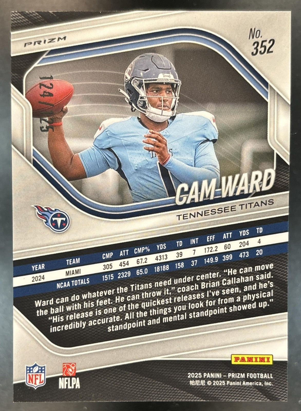 2025 Panini Prizm Cam Ward Purple /125 #352 RC Tennessee Titans
