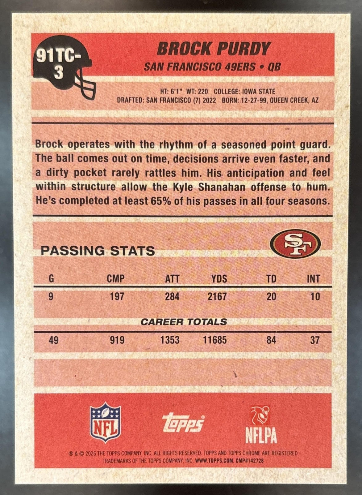 2026 Topps Brock Purdy 1991 Chrome Gold Mojo /50 #91TC-3 San Francisco 49ers