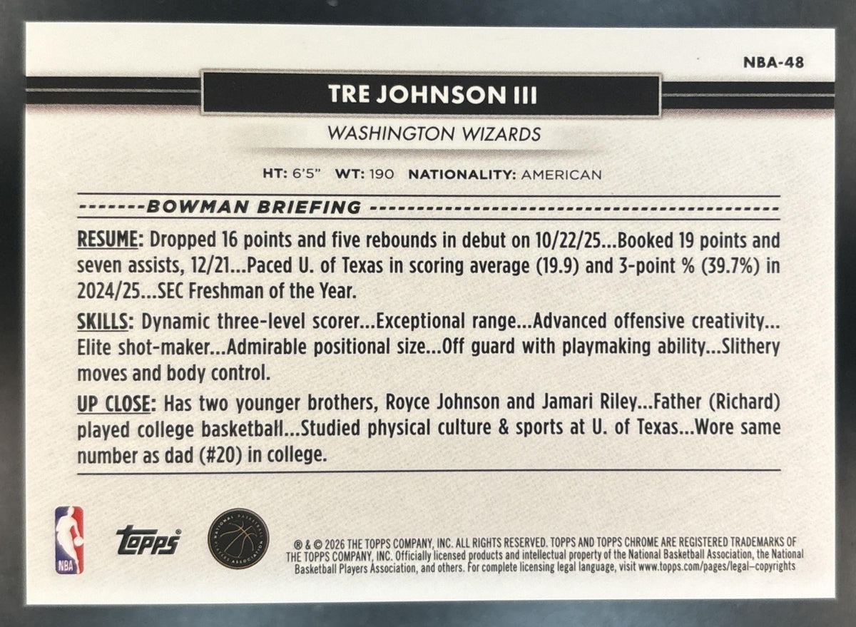 2026 Topps NSCC Collection Tre Johnson III NBA Chrome Orange Raywave /25 RC