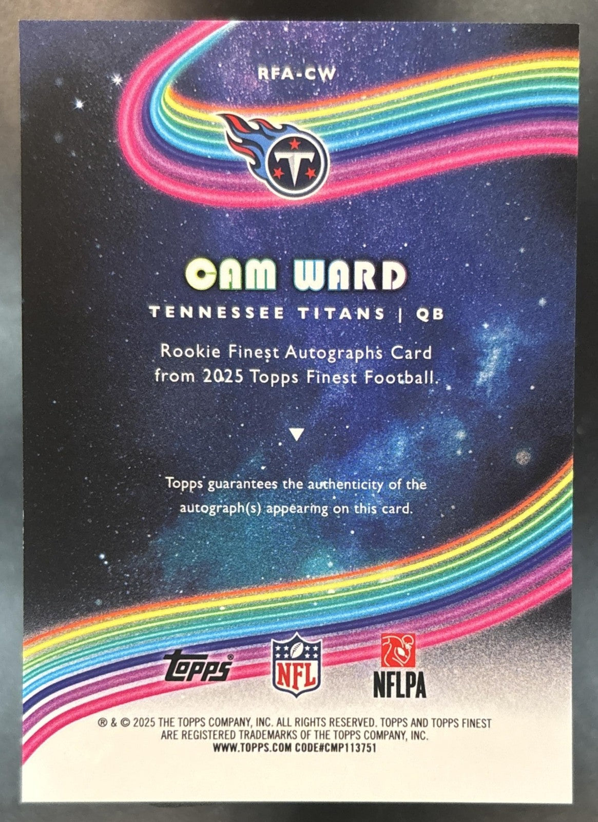 2025 Topps Finest Cam Ward Rookie Auto #RFA-CW RC Tennessee Titans