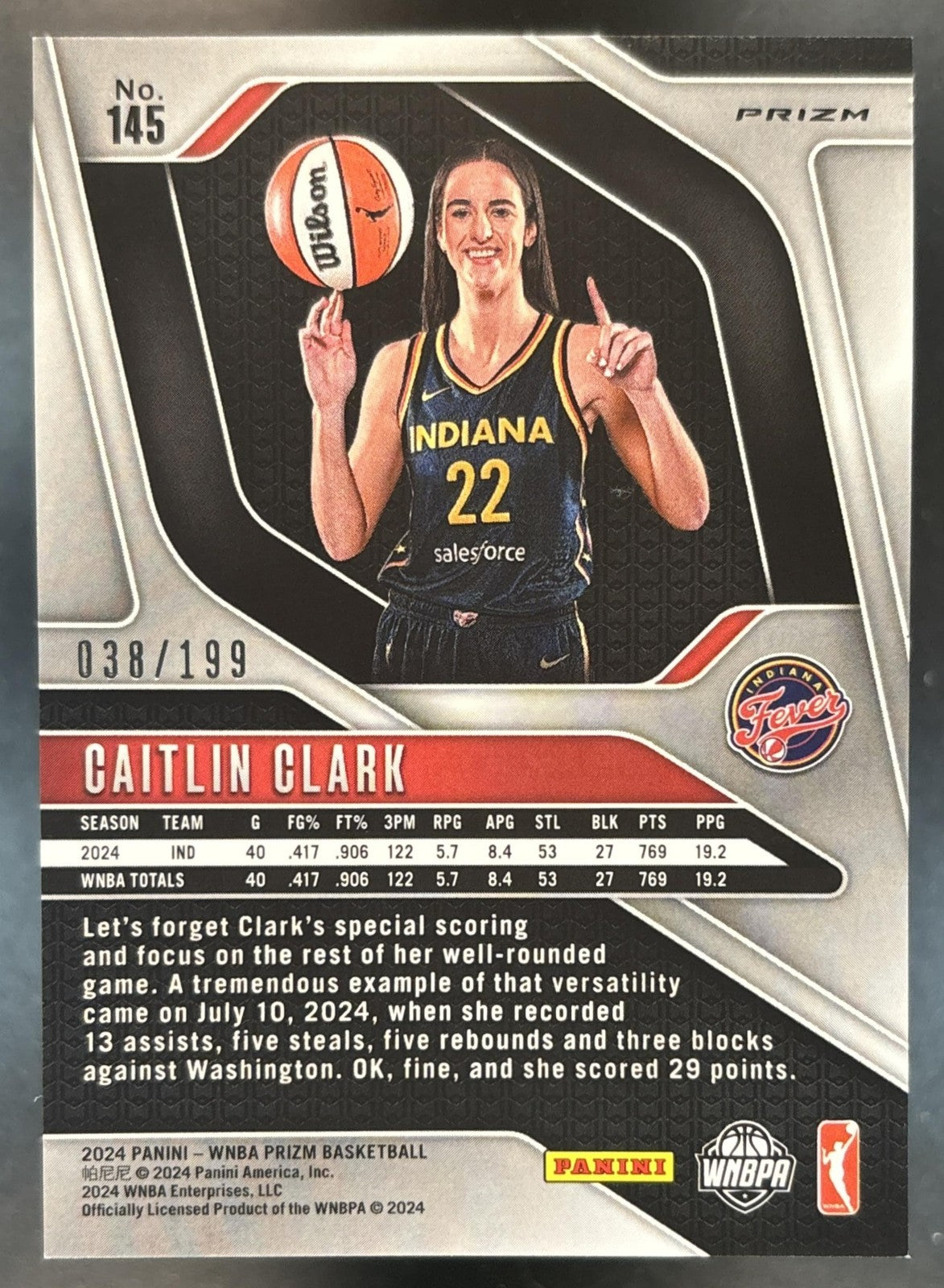 2024 Panini WNBA Prizm Caitlin Clark Blue /199 #145 RC Indiana Fever