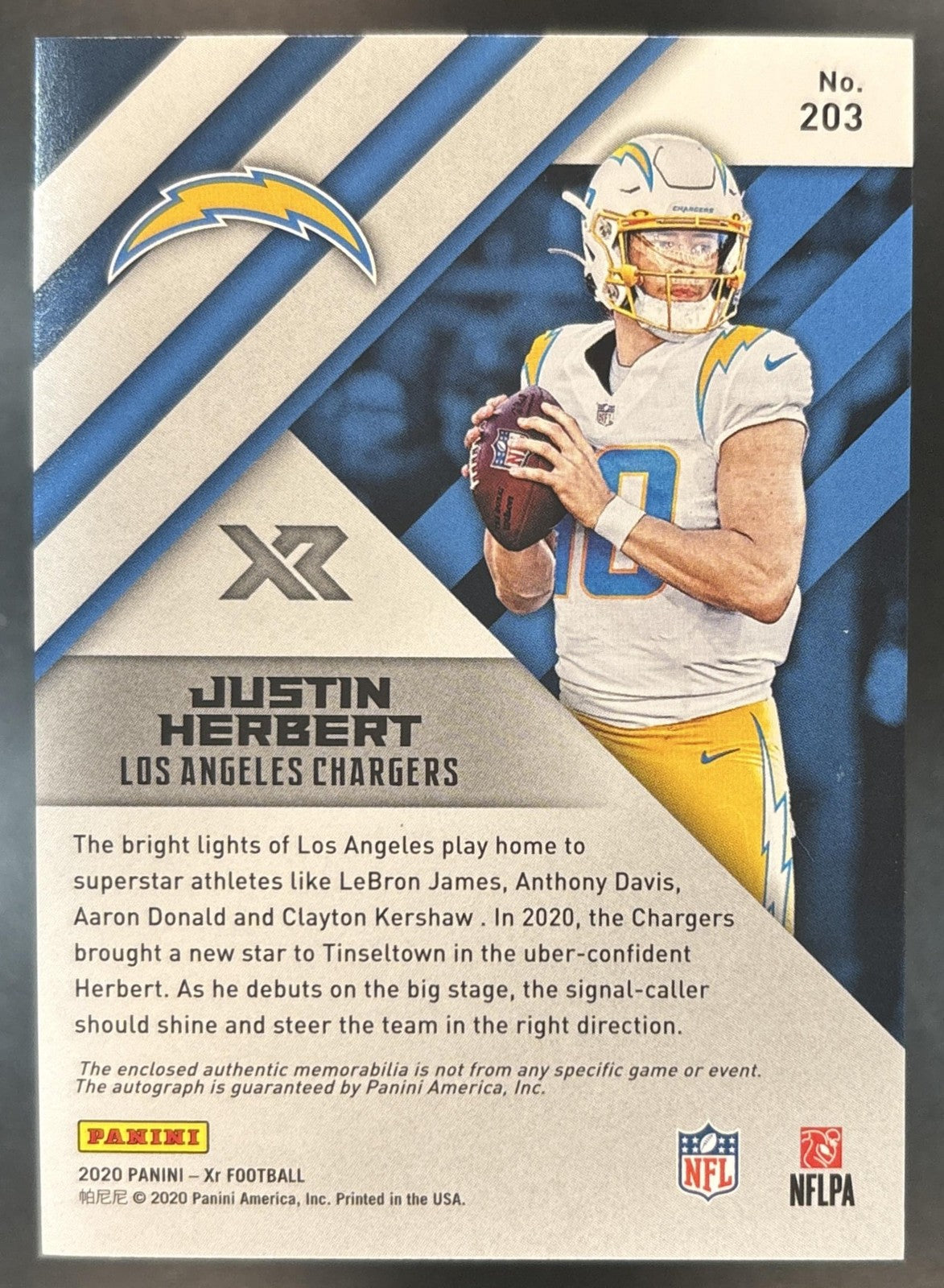 2020 Panini XR Justin Herbert /30 #203 RC Auto Los Angeles Chargers