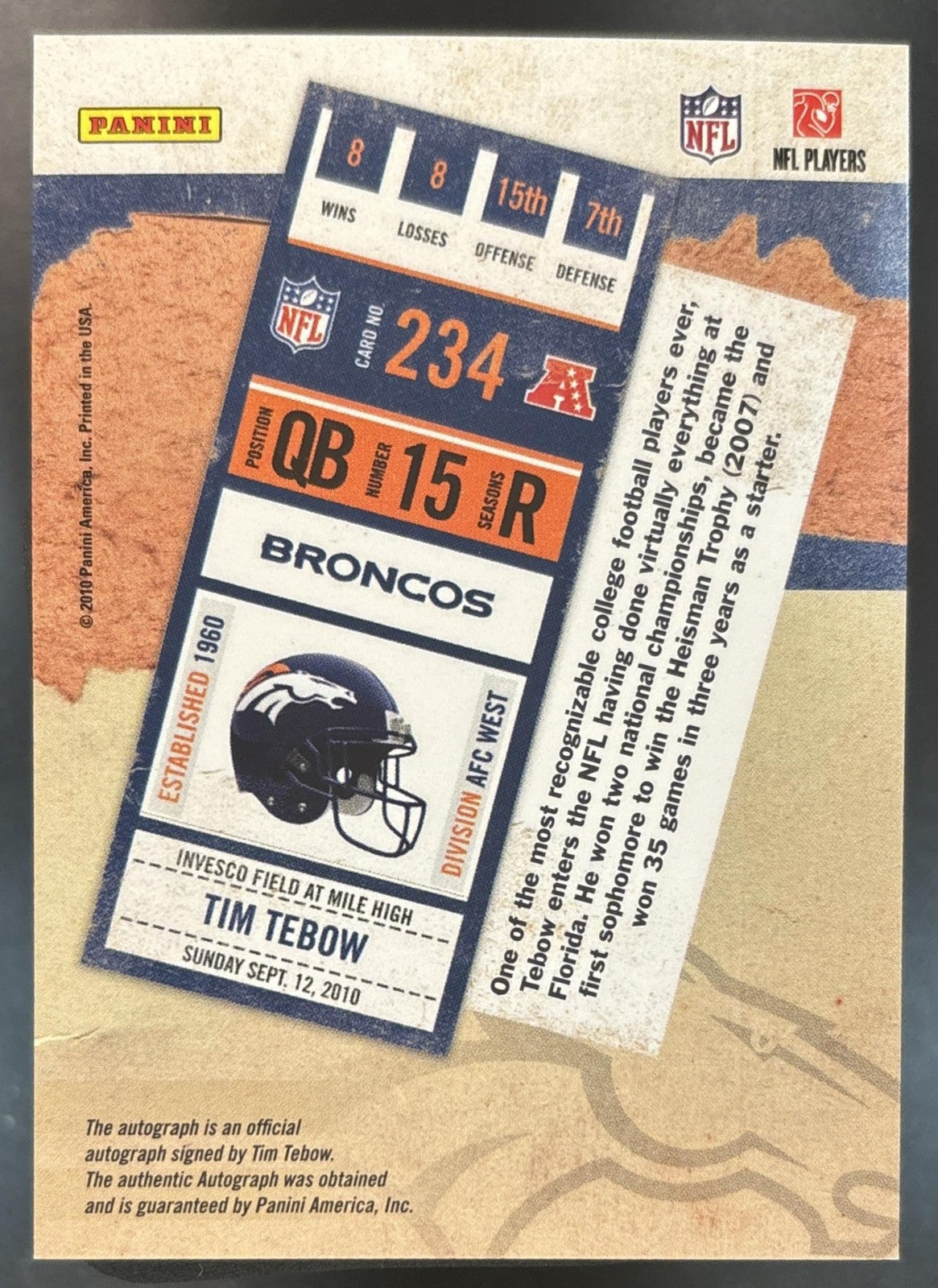 2010 Panini Playoff Contenders Tim Tebow WHITE JERSEY #234RC Auto Denver Broncos