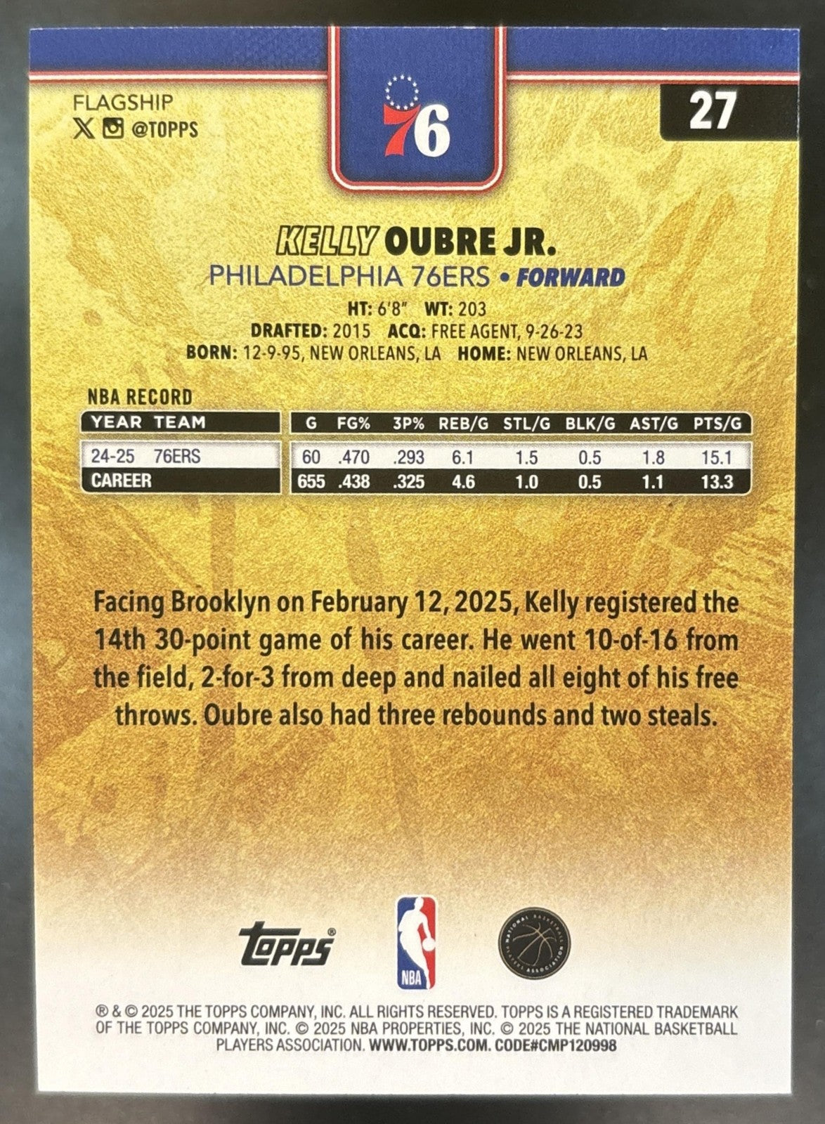 2025-26 Topps Kelly Oubre Jr. Golden Mirror Image Variation SSP #27 76ers