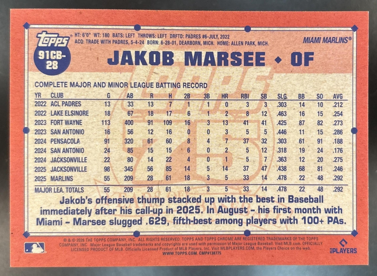 2026 Topps Chrome LogoFractor Jakob Marsee 1991 Green /99 #91CB-28 RC Marlins