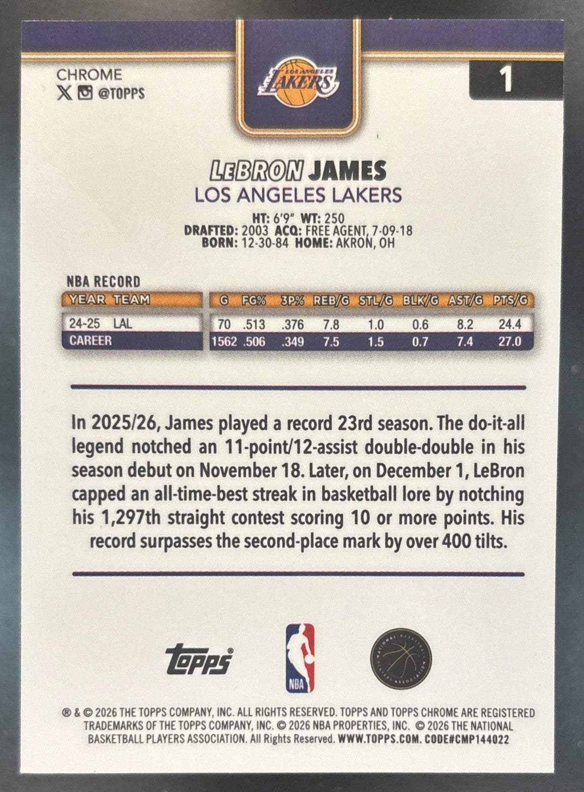 2025-26 Topps Chrome Update LeBron James Yellow /275 #1 Los Angeles Lakers