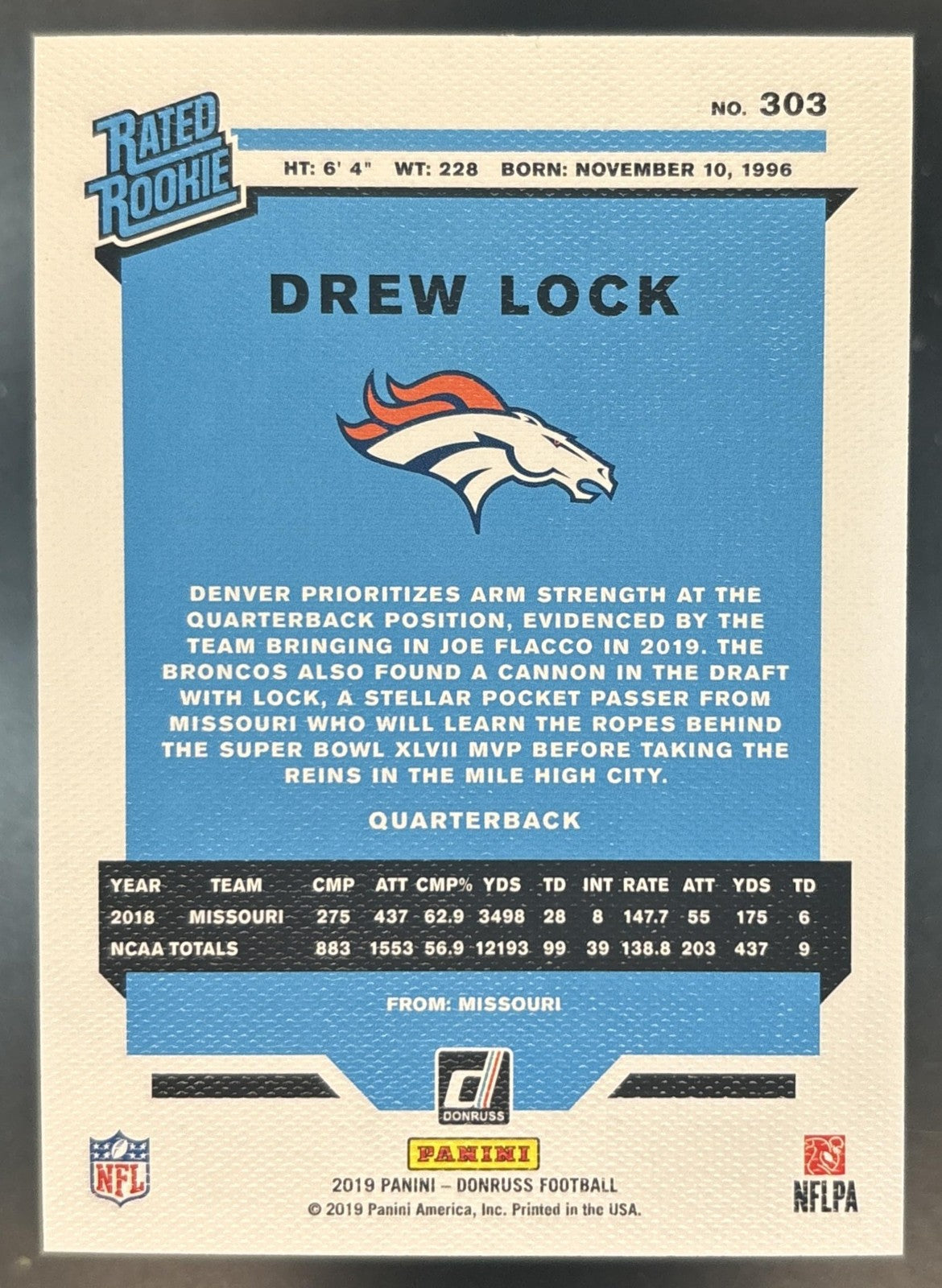 2019 Panini Donruss Drew Lock Canvas Studio Series /100 #303 RC Denver Broncos