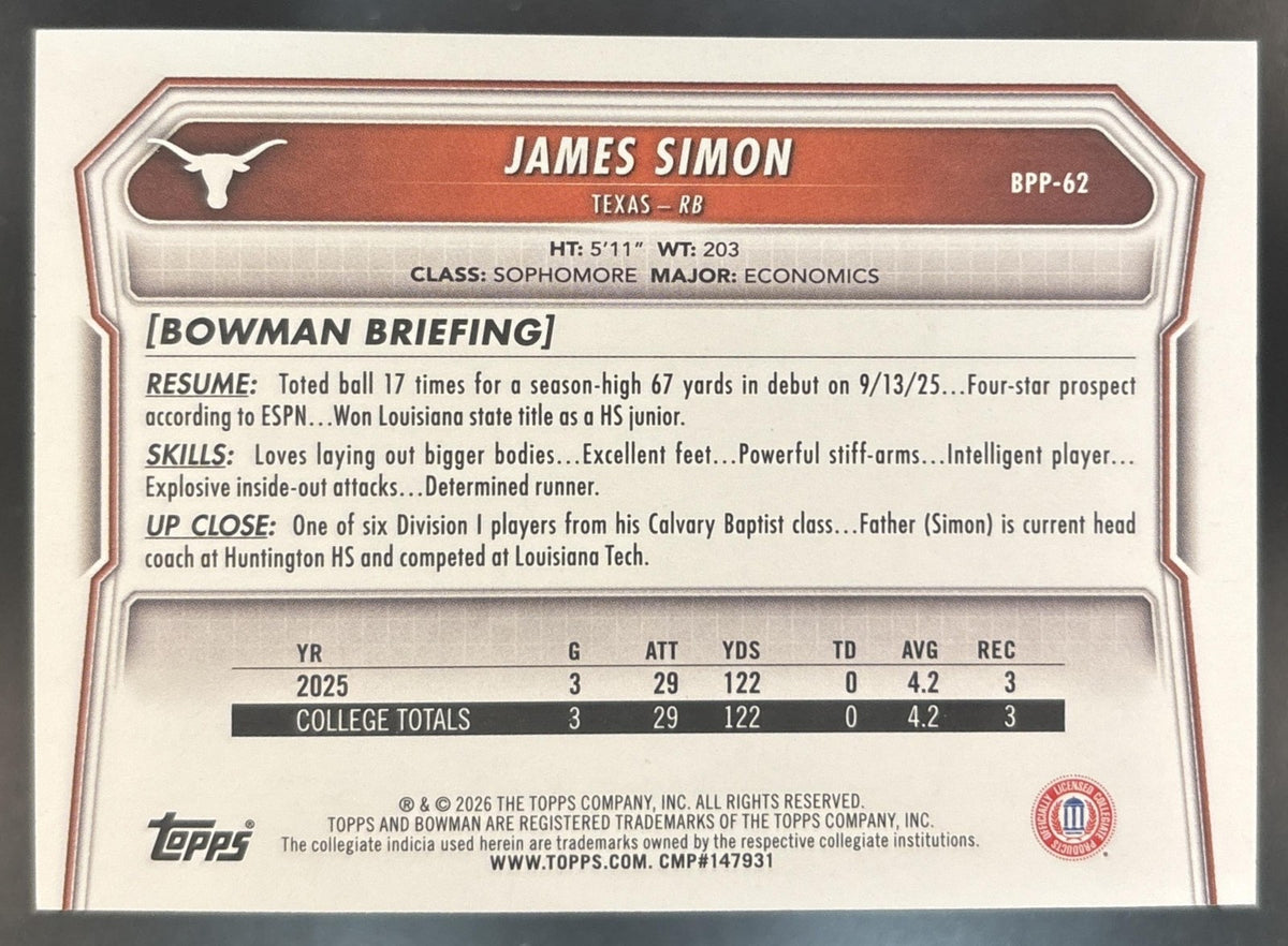 2026 Bowman James Simon Paper Purple /75 #BPP-62 1st Prospect Texas Longhorns