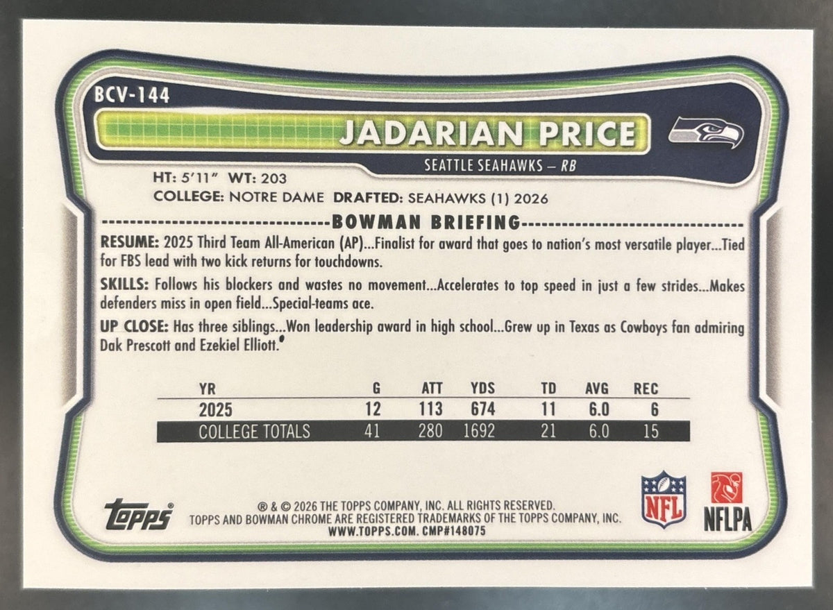 2026 Bowman Jadarian Price Chrome NFL Fuschia /299 #BCV-144 RC Seattle Seahawks