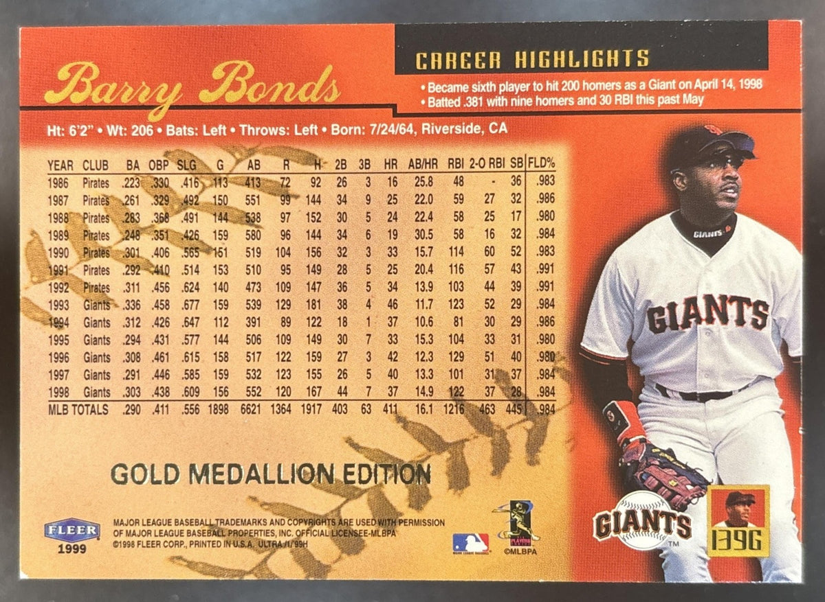 1999 Fleer Ultra Barry Bonds Gold Medallion DJ2 #139G Giants