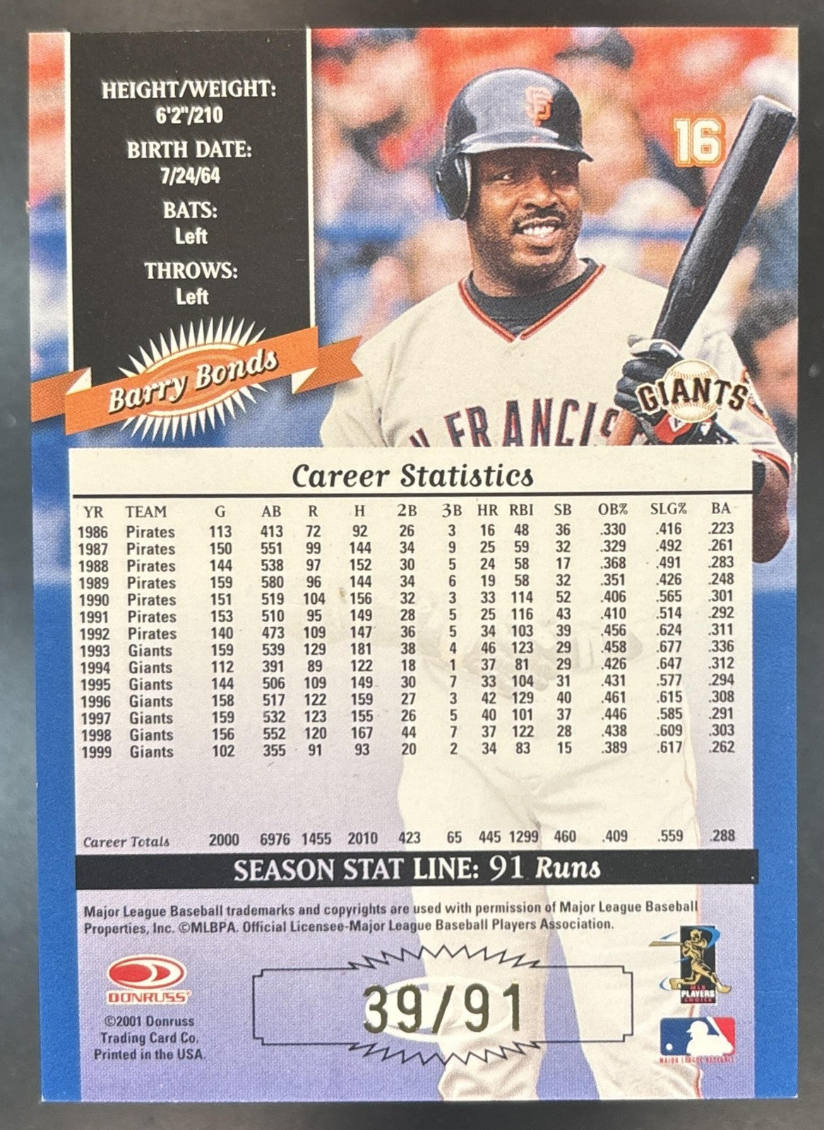 2001 Donruss Barry Bonds 2000 Retro Stat Line Season /91 San Francisco Giants
