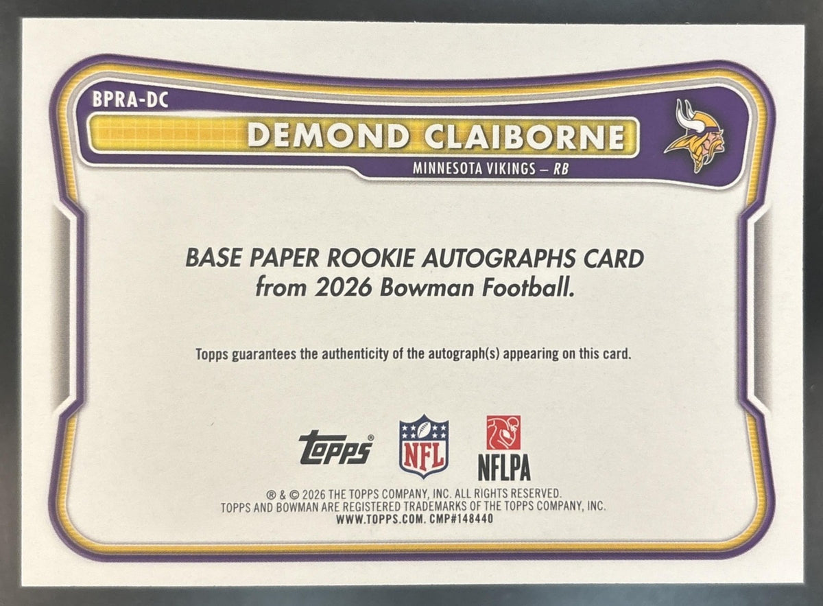 2026 Bowman Demond Claiborne Paper Auto Gold /50 RC Minnesota Vikings