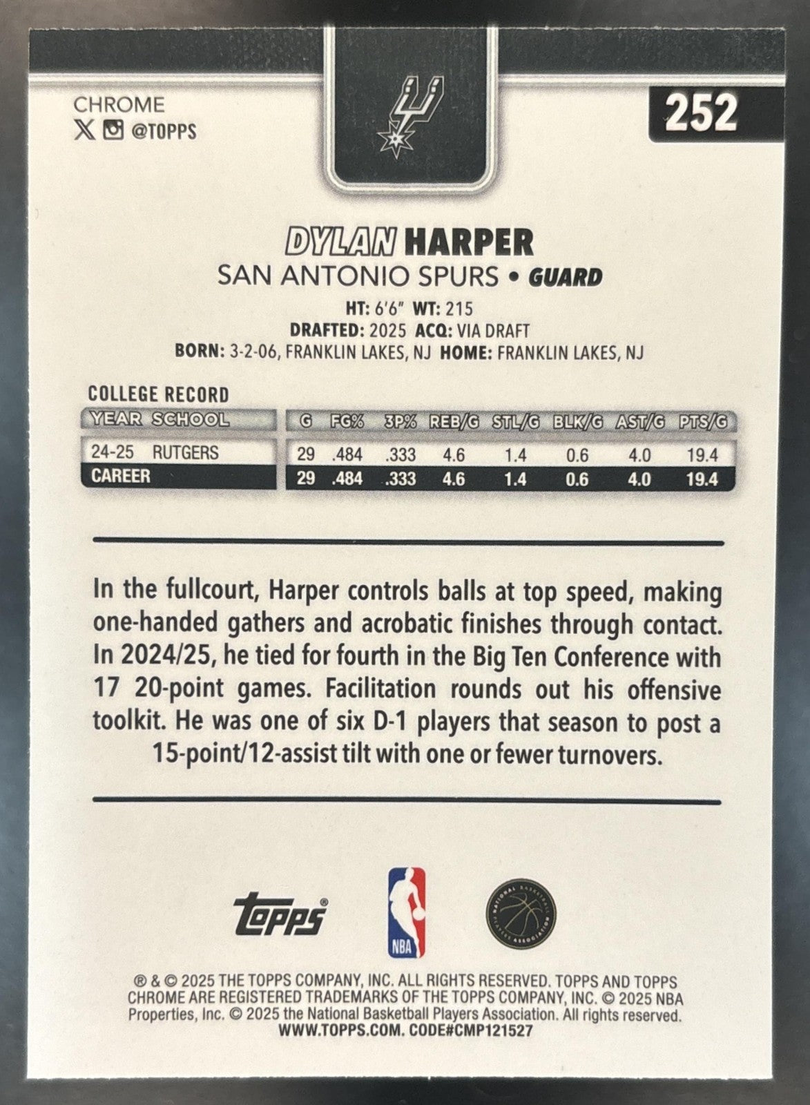 2025-26 Topps Chrome Dylan Harper X-Fractor #252 RC San Antonio Spurs