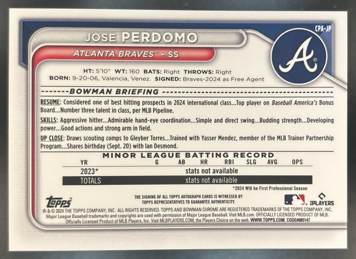 2024 Bowman Chrome Jose Perdomo Auto #CPA-JP 1st Prospect Atlanta Braves