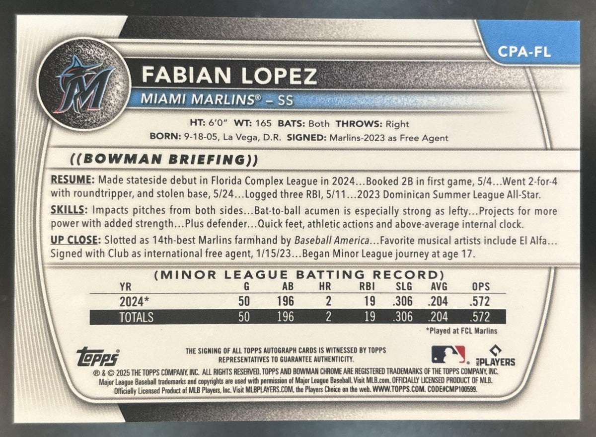 2025 Bowman Fabian Lopez Chrome Auto Green Grass /99 1st Prospect Miami Marlins