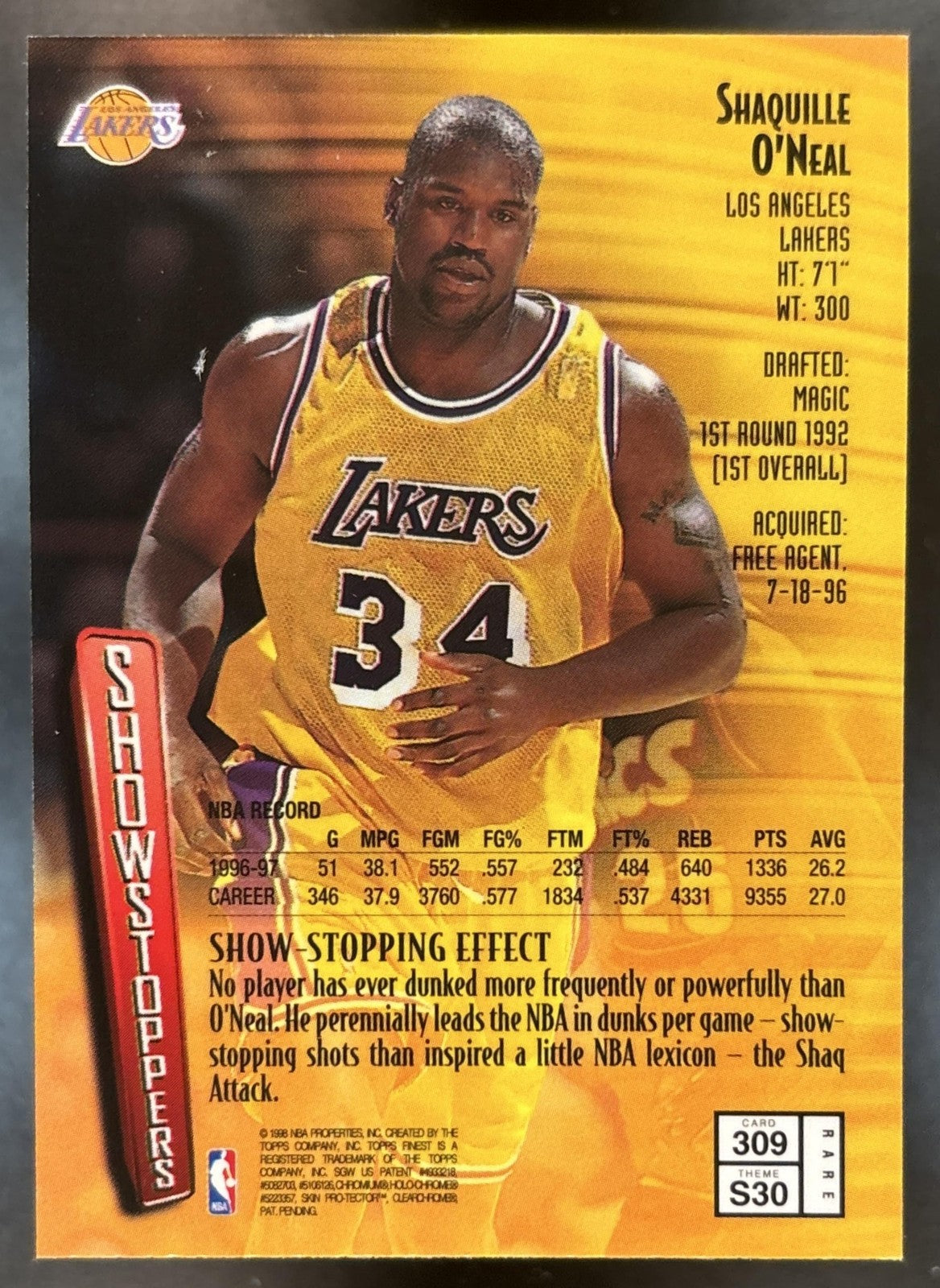 1997-98 Topps Finest Shaquille O'Neal #309 Gold Los Angeles Lakers