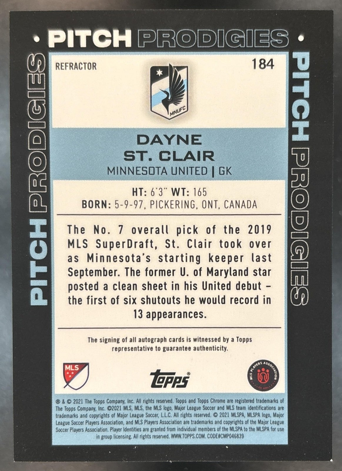 2021 Topps Chrome MLS Dayne St. Clair Auto Refractor #184 Minnesota United FC