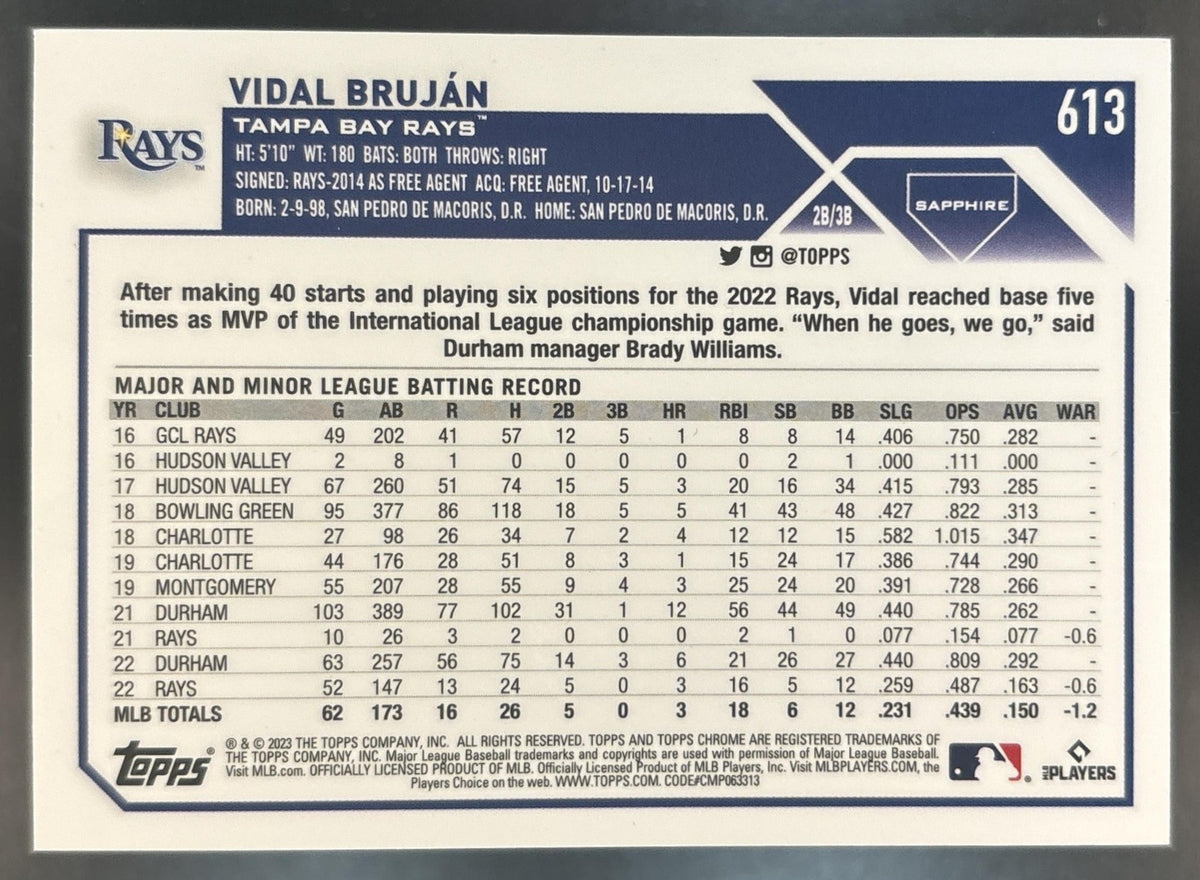 2023 Topps Chrome Sapphire Vidal Brujan Gold Refractor /50 #613 Tampa Bay Rays