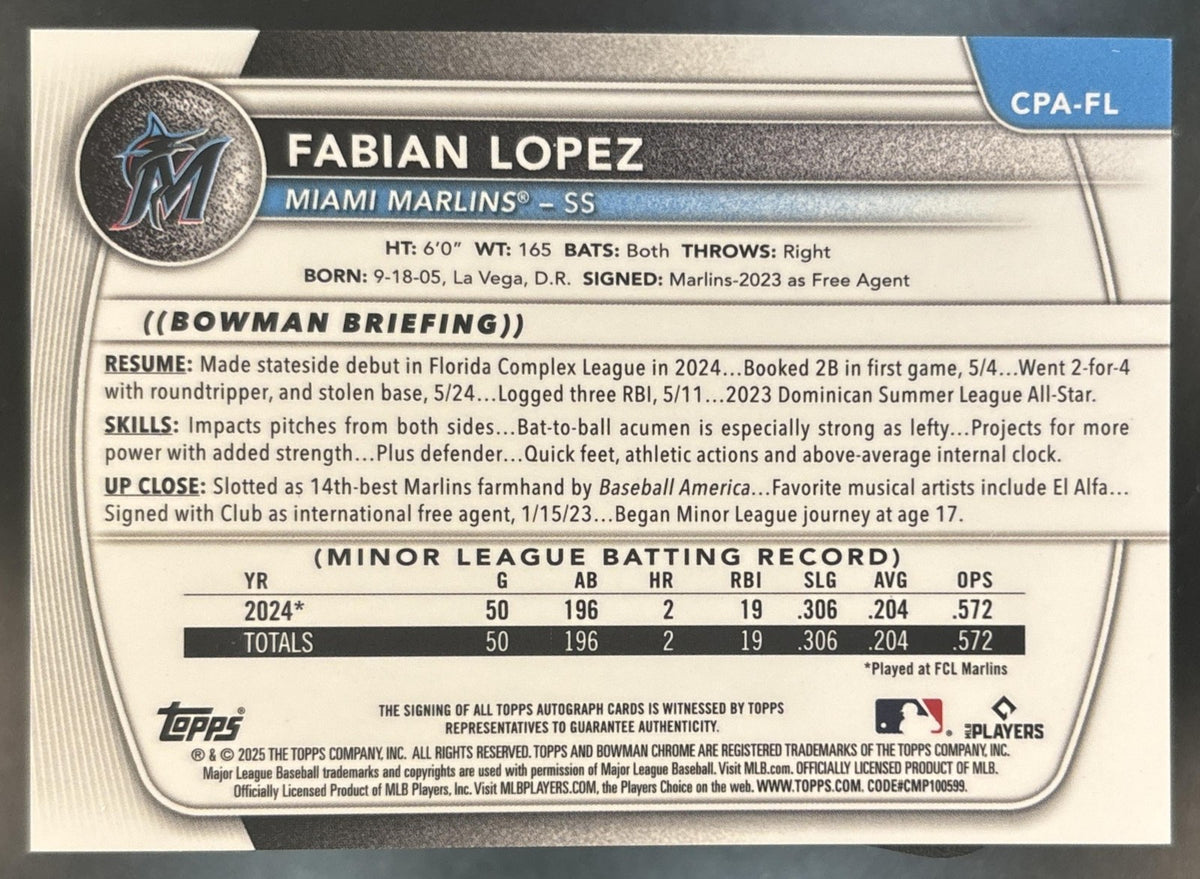 2025 Bowman Fabian Lopez Chrome Auto Purple /250 1st Prospect Miami Marlins