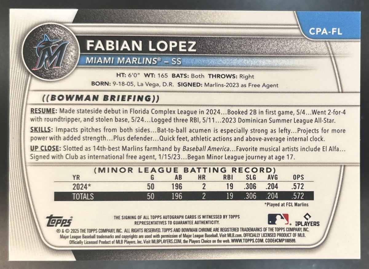 2025 Bowman Fabian Lopez Chrome Auto Green /99 1st Prospect Miami Marlins