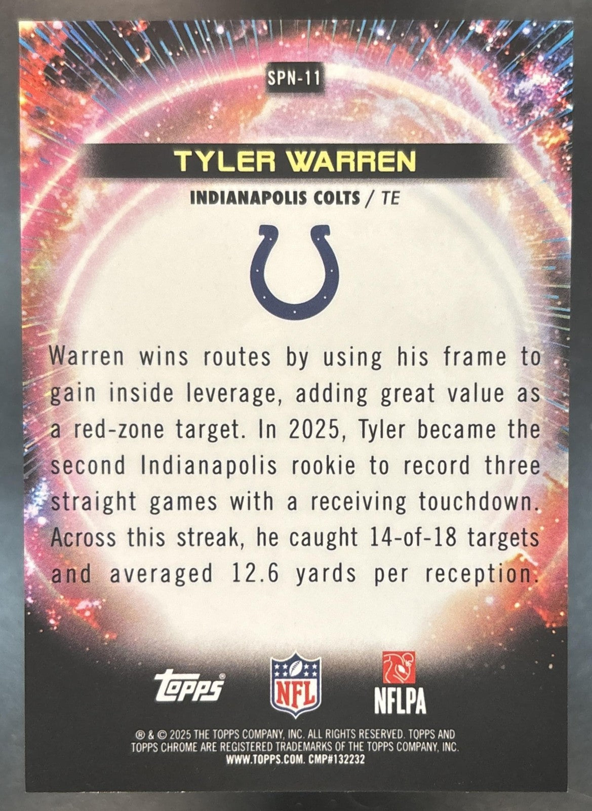 2025 Topps Cosmic Chrome Tyler Warren Supernova #SPN-11 SP RC Indianapolis Colts