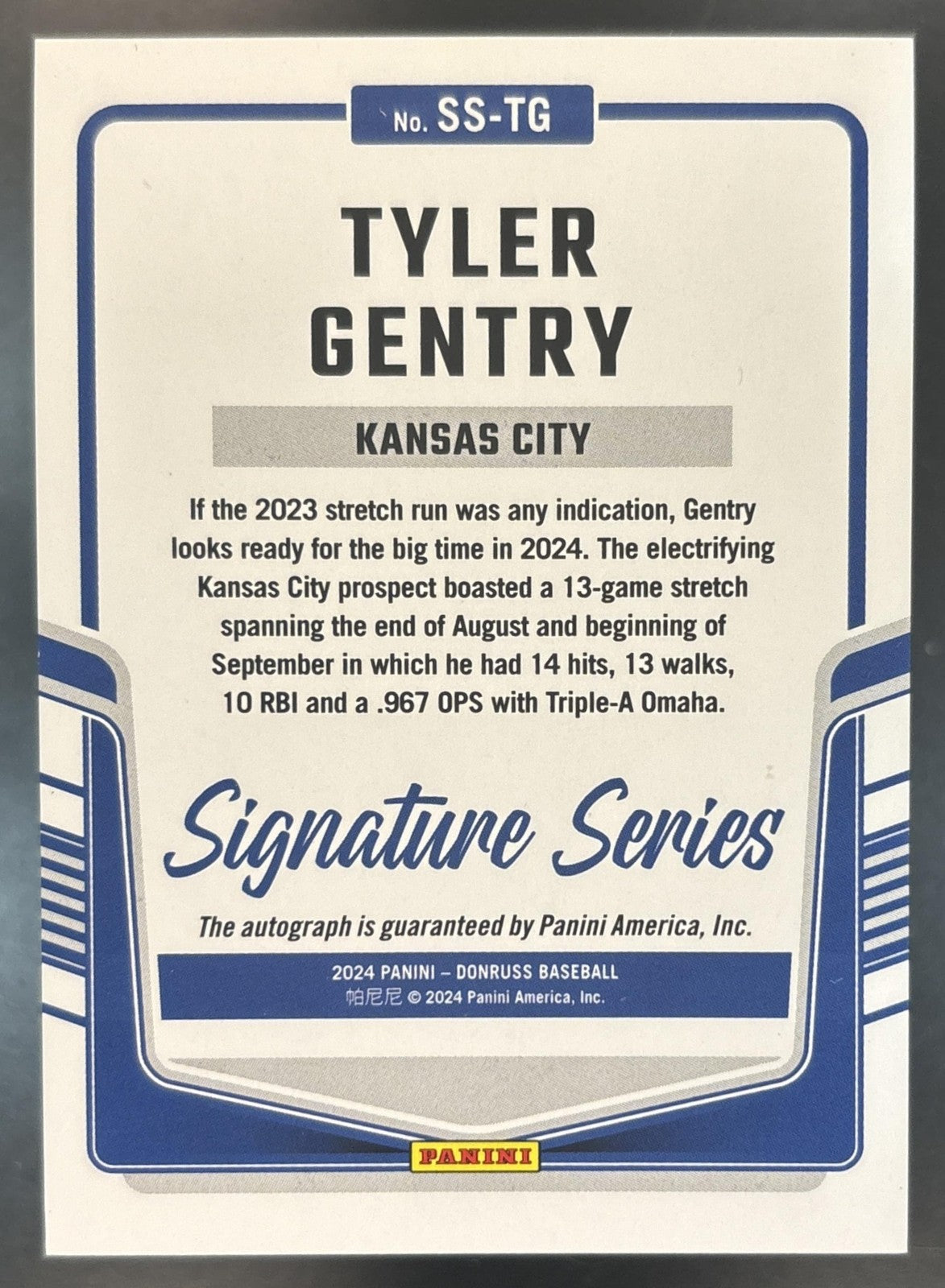 2024 Donruss Tyler Gentry Signature Series Laser Auto RC Kansas City Royals