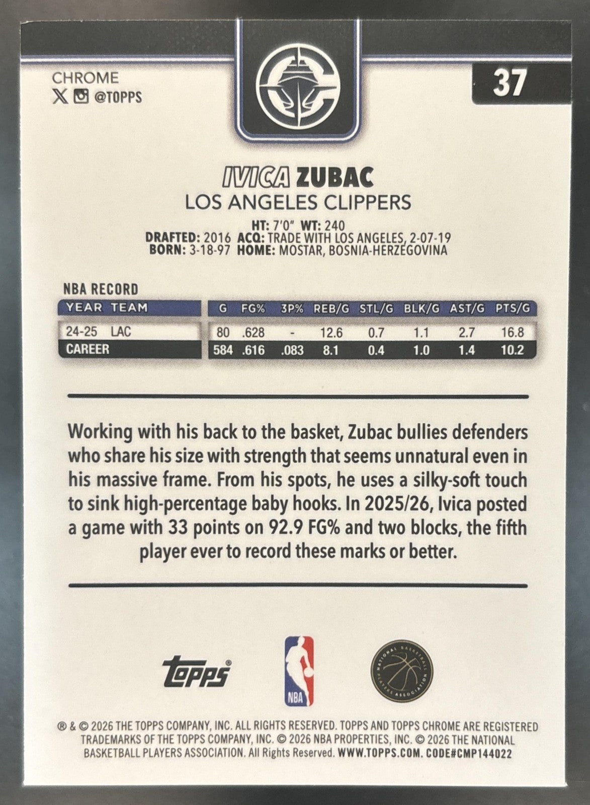 2025-26 Topps Chrome Update Ivica Zubac Image Variation Speckle #37 Clippers