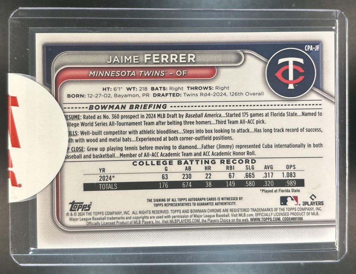 2024 Bowman Draft Jaime Ferrer Chrome Auto Yellow /75 1st Prospect Twins