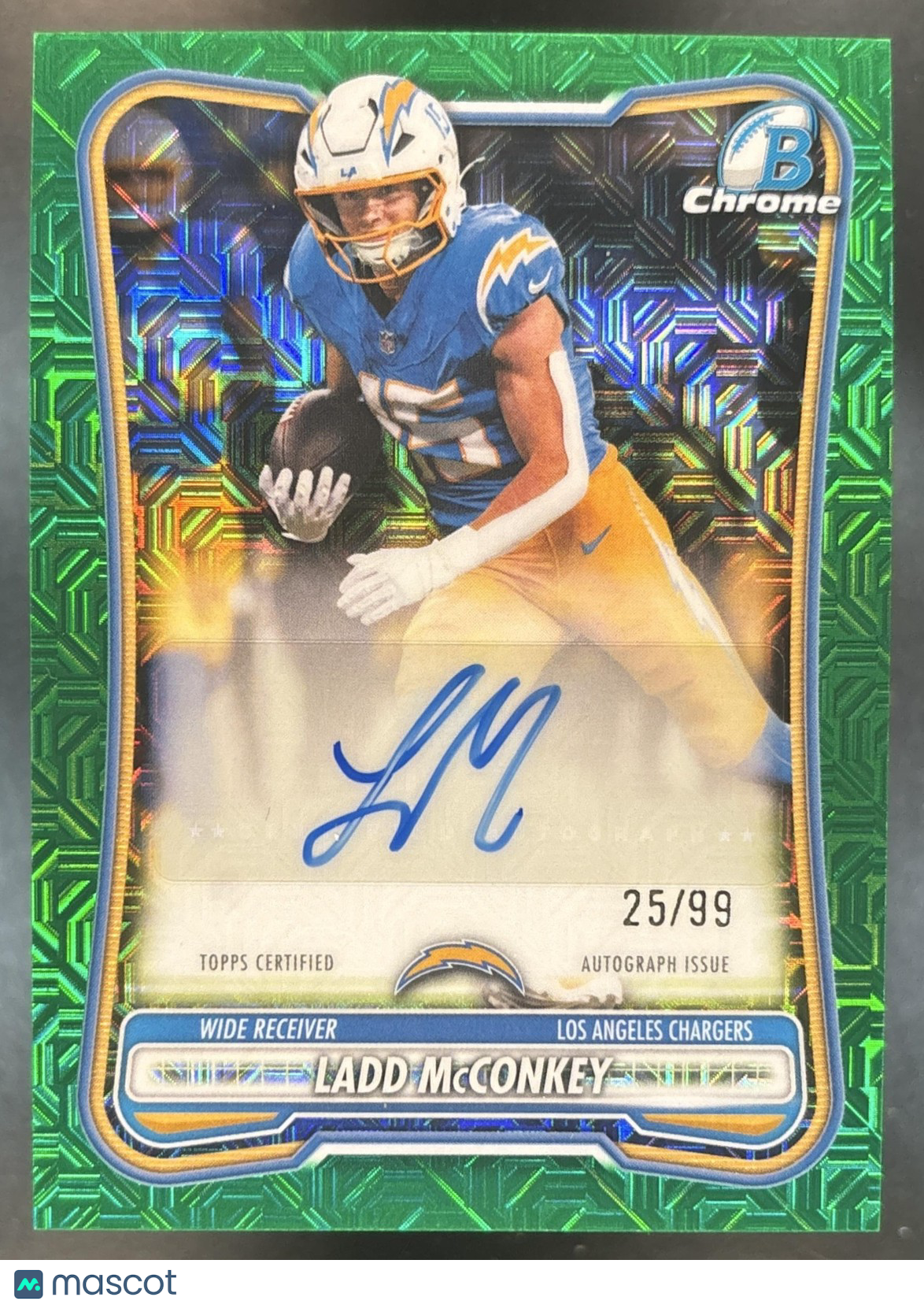 2026 Bowman Ladd McConkey Chrome Auto Green Mojo /99 Los Angeles Chargers