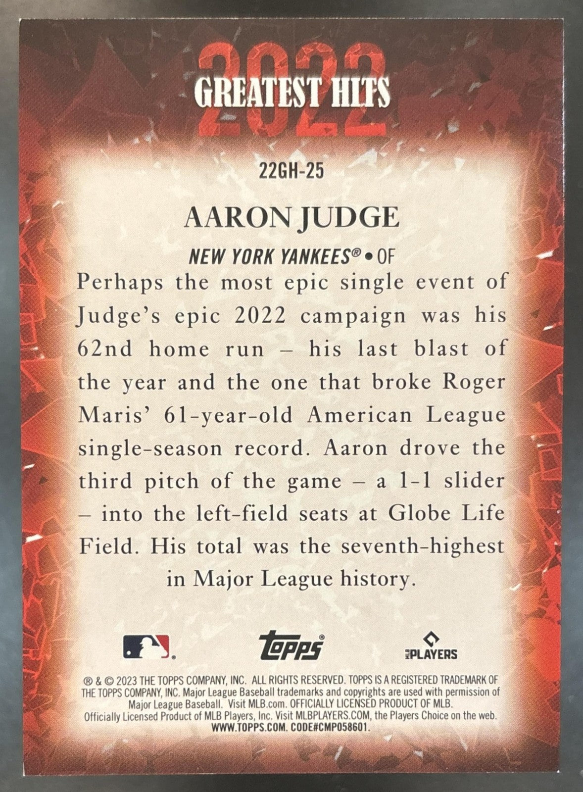 2023 Topps Aaron Judge 2022 Greatest Hits Black /299 #22GH-25 New York Yankees