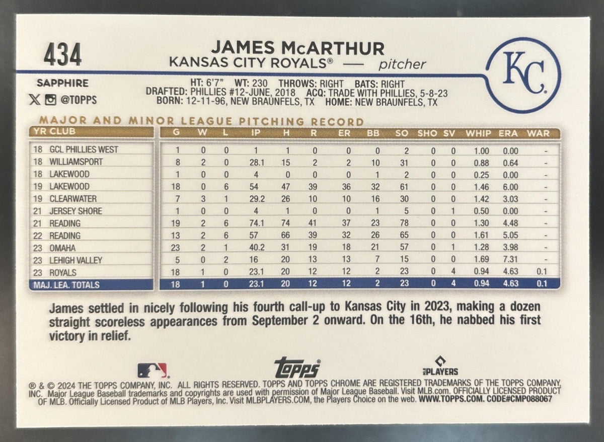 2024 Topps Chrome Sapphire James McArthur Gold /50 #434 RC Kansas City Royals