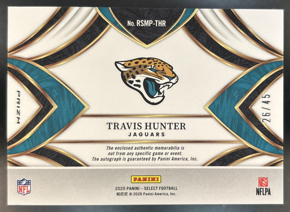 2025 Select Travis Hunter Patch Auto Neon Blue Pulsar /45 MEM RC Auto Jaguars