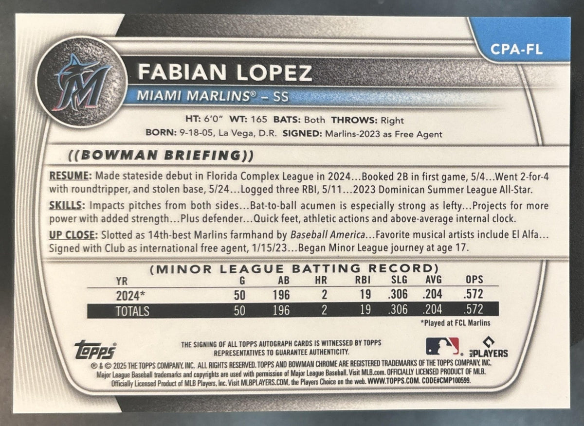 2025 Bowman Fabian Lopez Chrome Auto HTA Choice /150 1st Prospect Miami Marlins