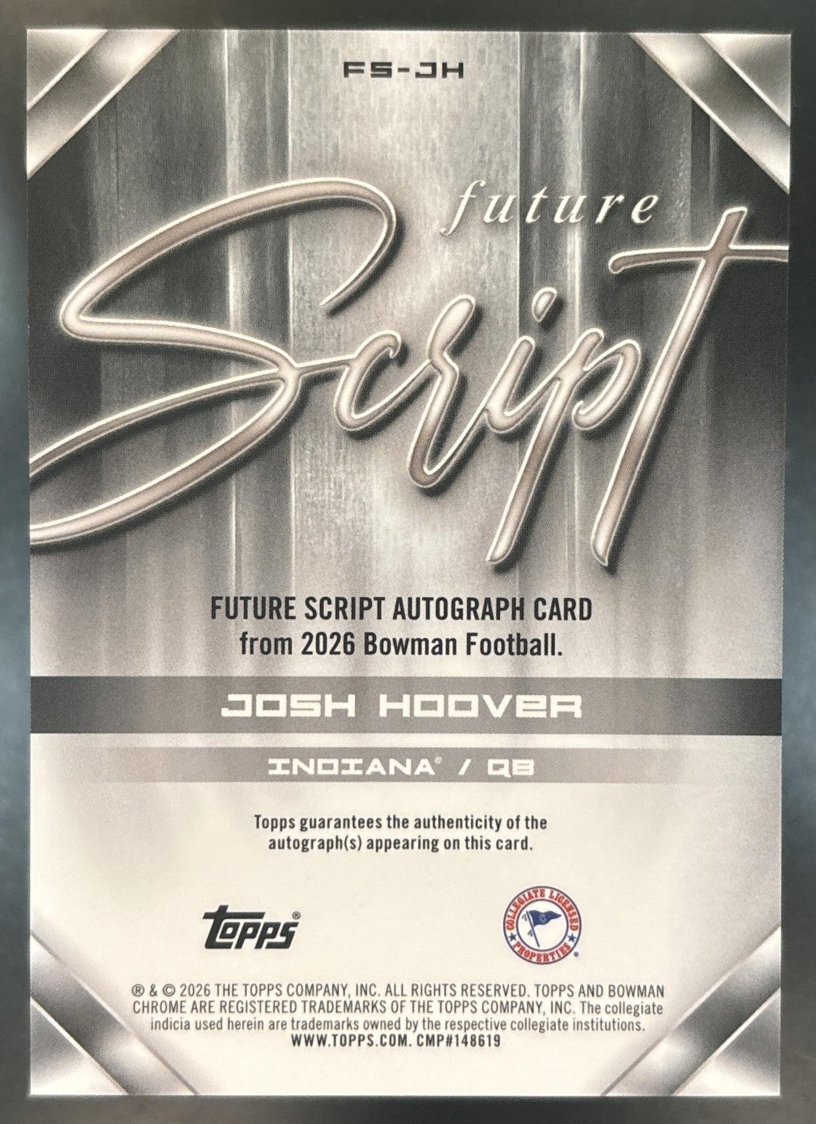 2026 Bowman Chrome University Josh Hoover Future Script SSP Auto Hoosiers