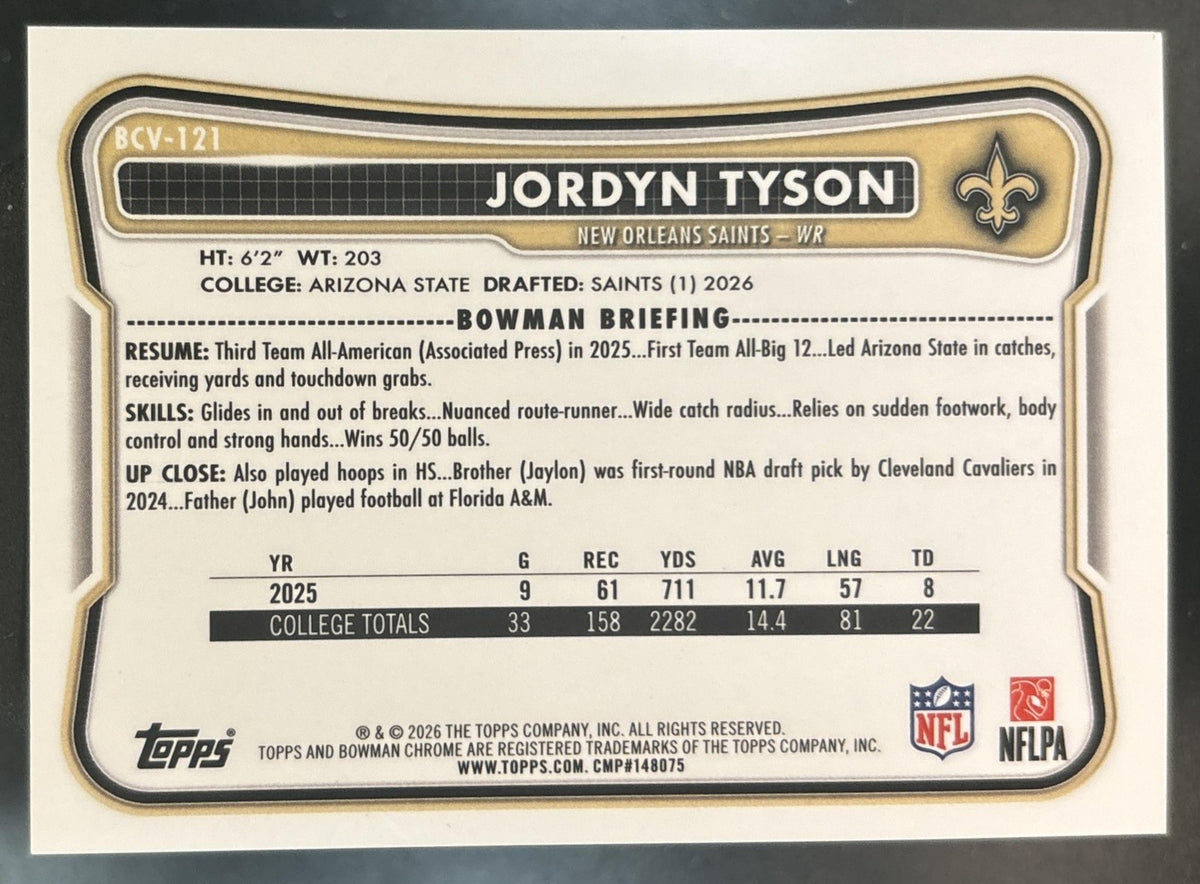 2026 Bowman Jordyn Tyson Chrome Green Reptilian /99 #BCV-121 RC Saints