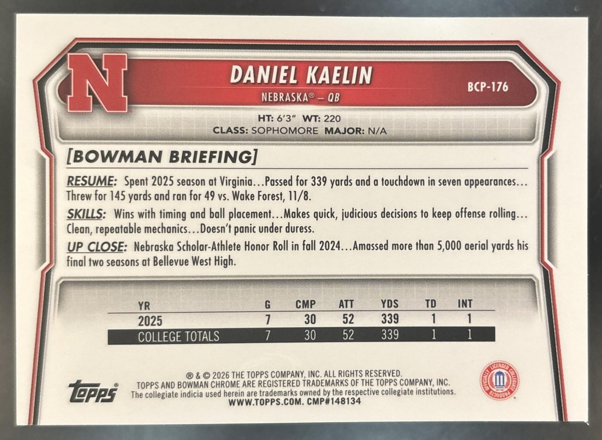 2026 Bowman Daniel Kaelin Chrome Yellow /275 #BCP-176 1st Prospect Cornhuskers