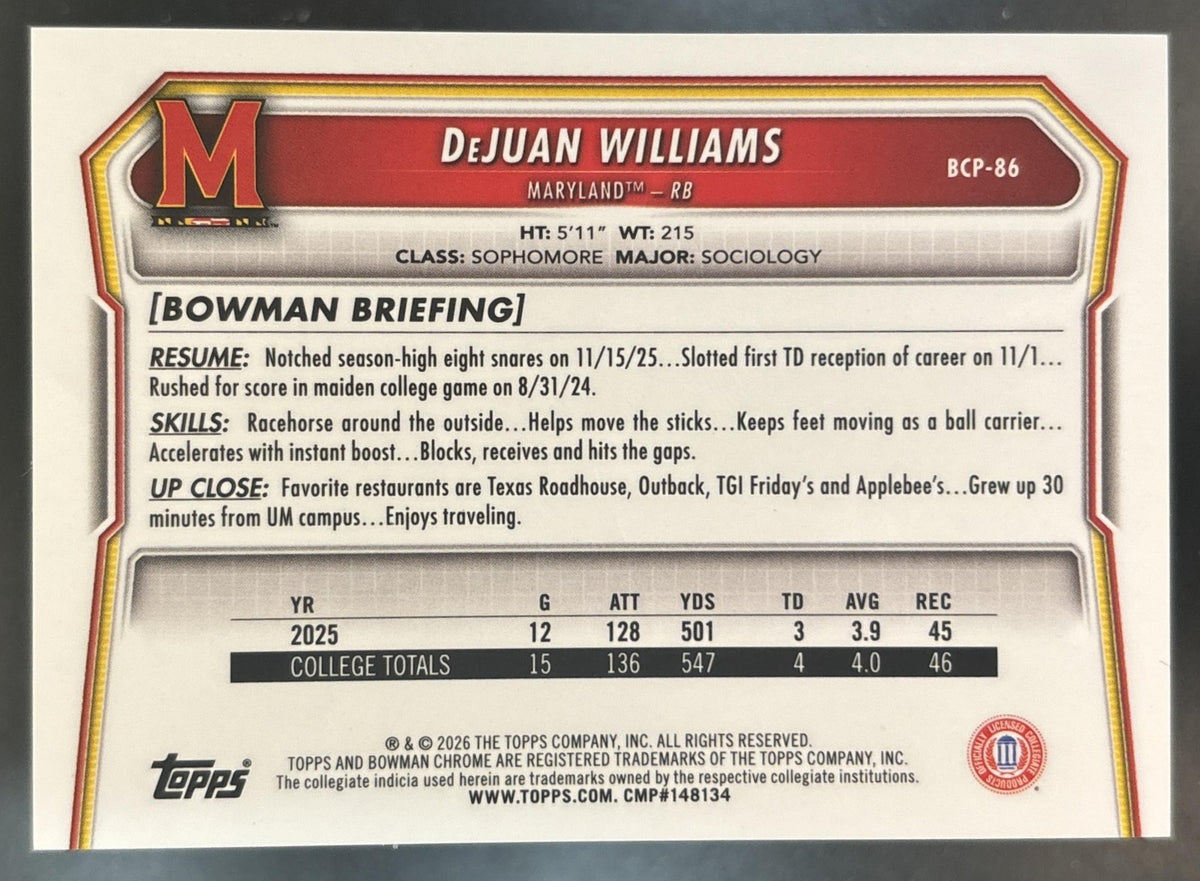 2026 Bowman DeJuan Williams Chrome Orange Reptilian /25 #BCP-86 1st Prospect