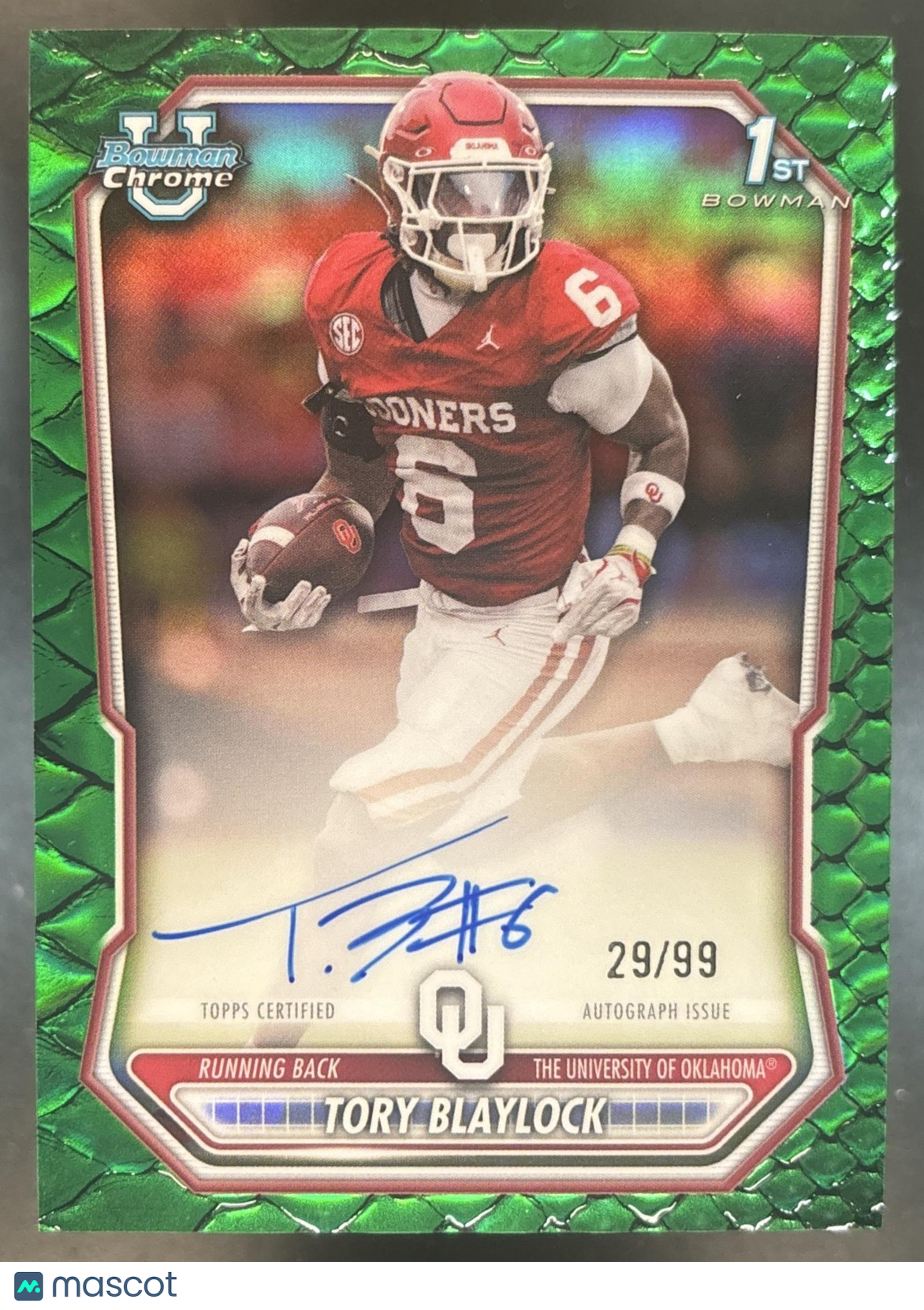 2026 Bowman Tory Blaylock Chrome Auto Green Reptilian /99 1st Prospect Sooners