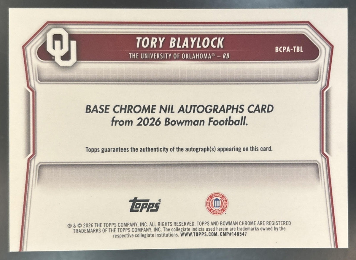 2026 Bowman Tory Blaylock Chrome Auto Green Reptilian /99 1st Prospect Sooners